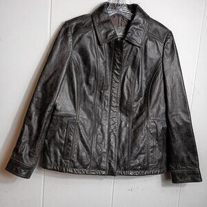 Eddie Bauer Buffalo Leather Dark Brown Jacket Zip Up Collared Womens PL